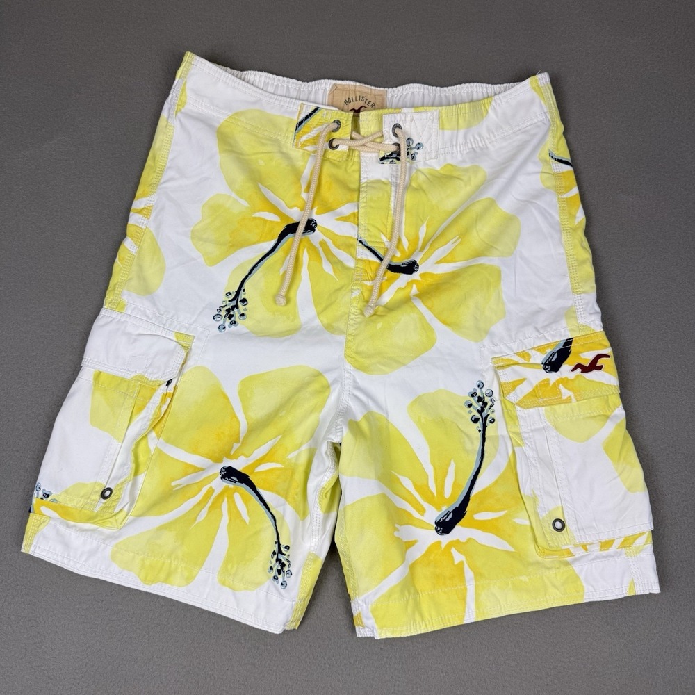 Y2k Vintage Hollister Floral Swim Cargo Board Shorts Men L White Yellow Hawaiian
